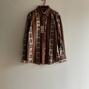 Wrangler Men Checotah Western Shirt Brown Molasses Sz L  Aztec Pearl Snap Cowboy